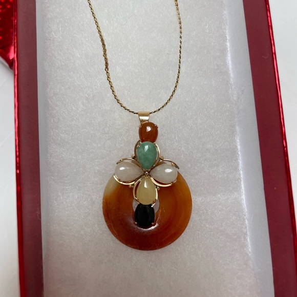 14k 585 GOLD ITALY MULTICOLOR JADE ONYX DISC FLOWER PENDANT NECKLACE 21 3/4CHAIN - Picture 11 of 15